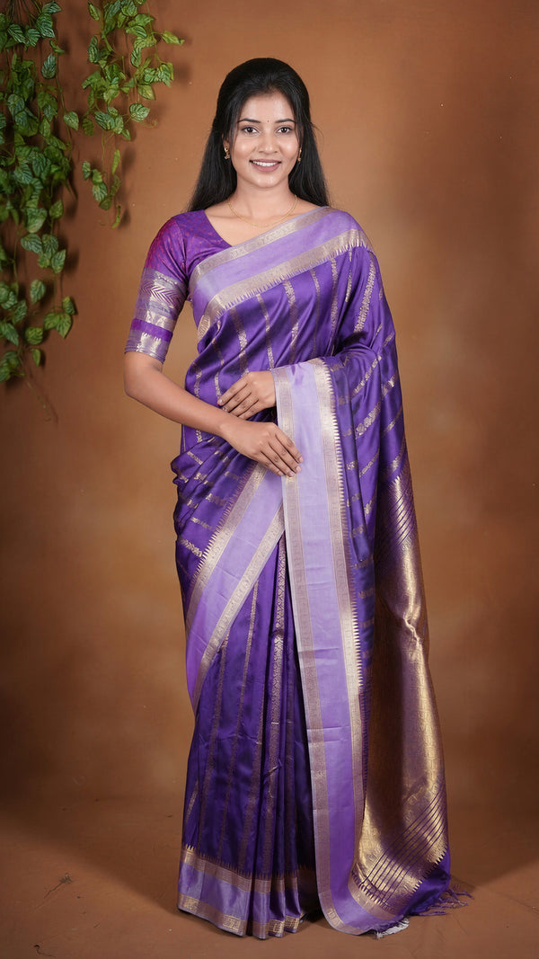 Purple Soft Silk Saree | Gold Zari Stripe & Border | Festive Wear with Contrast Blouse
