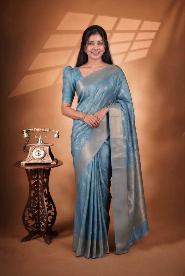 Sky Blue Silk Saree | Silver Zari Woven Border with Floral Butta Design | Wedding & Festive Wear