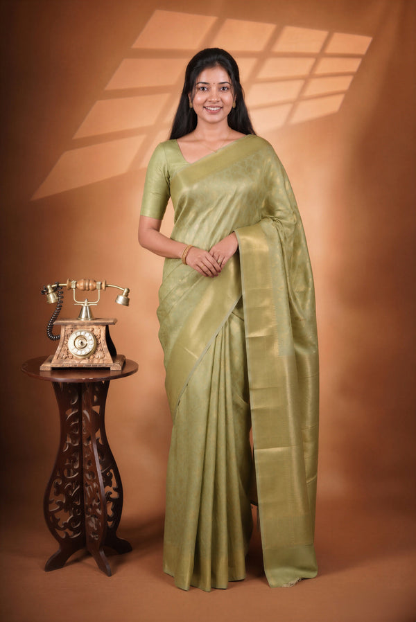 Pista Green Soft Silk Saree | Gold Zari Floral Weave & Rich Zari Border | Festive & Bridal Wear