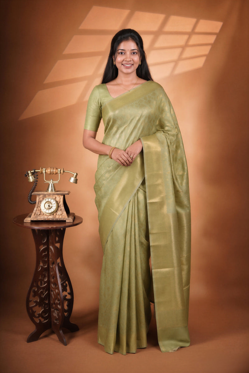 Pista Green Soft Silk Saree | Gold Zari Floral Weave & Rich Zari Border | Festive & Bridal Wear