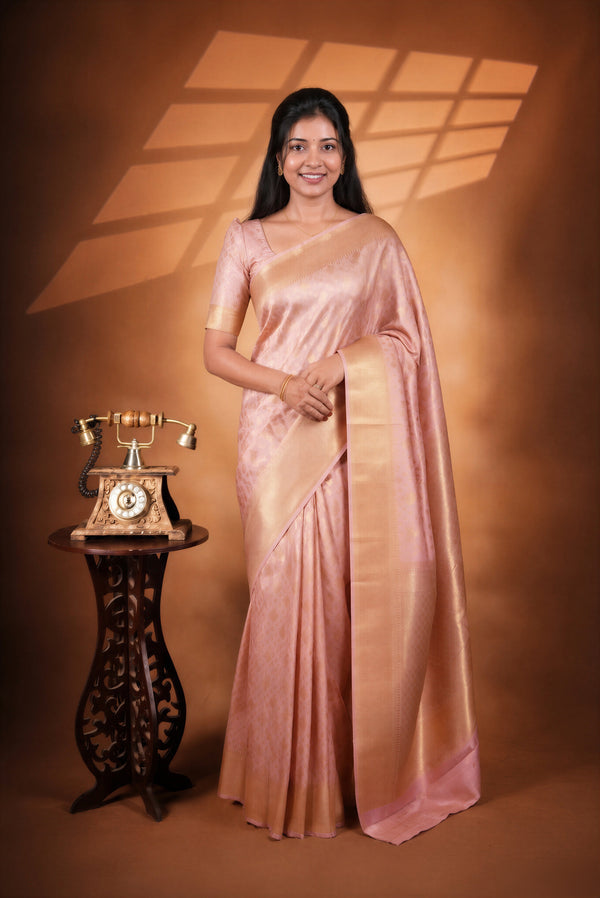 Blush Pink Silk Saree | All-Over Golden Zari Weave & Tissue Pallu | Traditional Wedding Saree