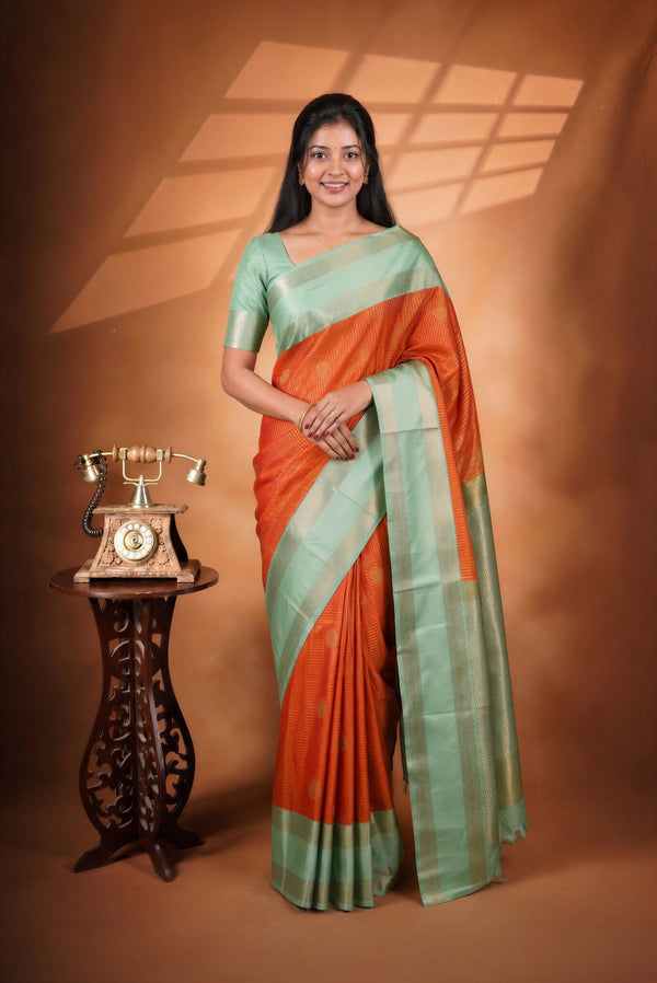 Orange & Green Semi Tussar Silk Saree | Golden Zari Woven Border | Traditional Party Wear