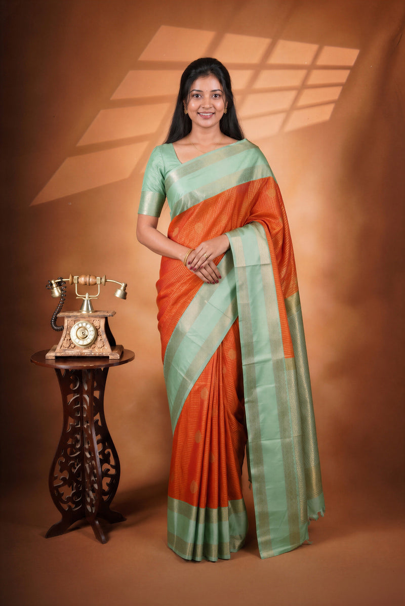 Orange & Green Semi Tussar Silk Saree | Golden Zari Woven Border | Traditional Party Wear