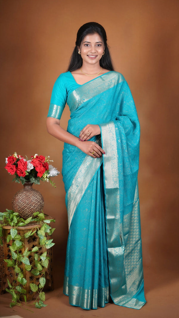 Sky Blue Georgette Saree | Floral Zari Weave & Gold Border | Festive Party Occasion Wear