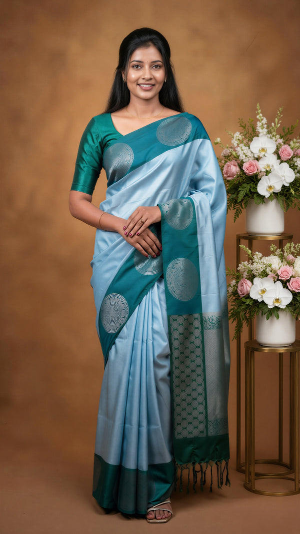 Ice Blue Soft Silk Saree | Silver Circular Butta Design | Bottle Green Rich Zari Border | Festive Wear