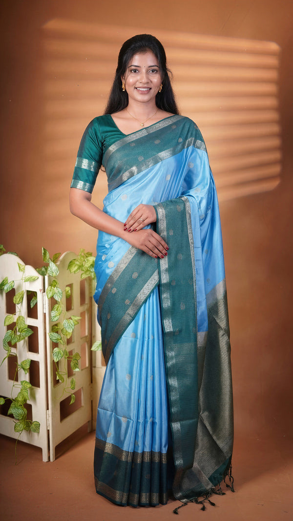 A woman modeling a light blue and teal saree with a dark green blouse, standing against a warm brown studio backdrop with decorative shadows and a small plant prop.