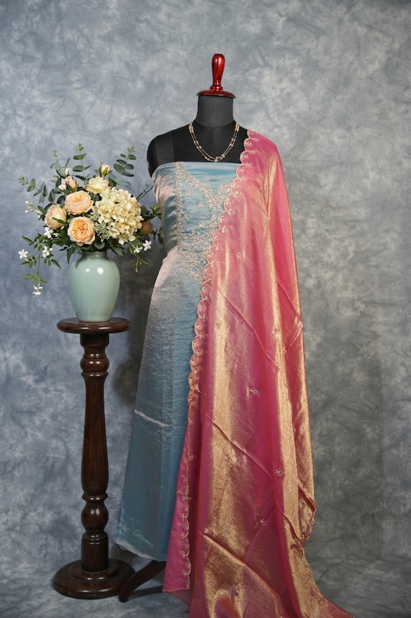 Sky Blue Silk Chudi Set | Space Silk Fabric Scallop Border | Festive & Casual Wear