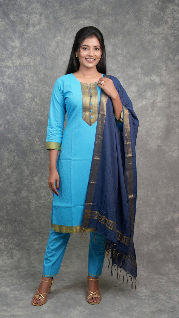 Sky Blue Cotton Chudithar Set | Gold Brocade Yoke Denim Dupatta | Office & Casual Wear