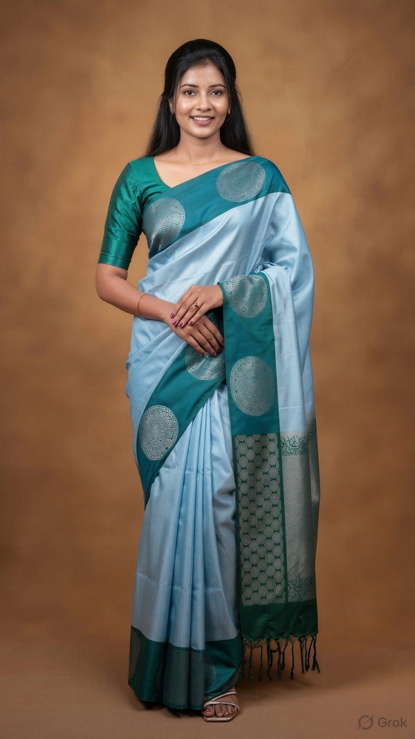 A woman modeling a light blue and teal silk saree with metallic circular motifs and a patterned border, set against a warm brown studio backdrop.