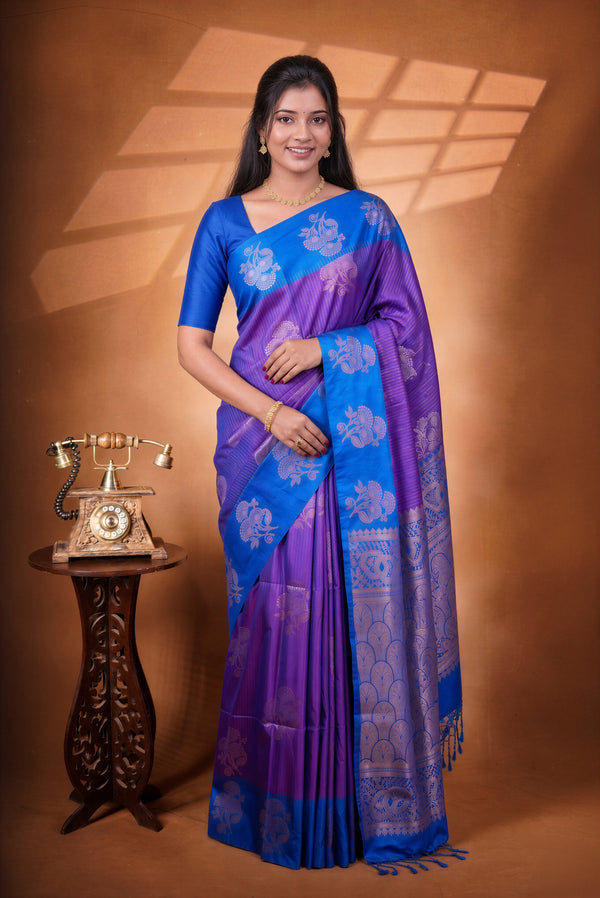 Soft Silk Saree | Violet Purple with Royal Blue Floral Zari Border | Wedding & Festive Wear