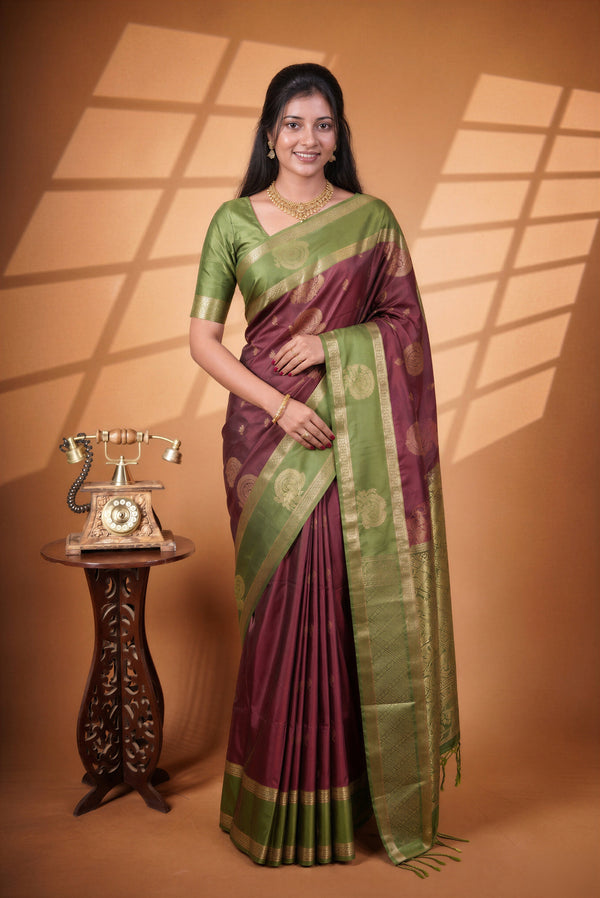 Soft Silk Saree | Maroon with Olive Green Gold Zari Border & Peacock Motifs | Wedding & Festive Wear