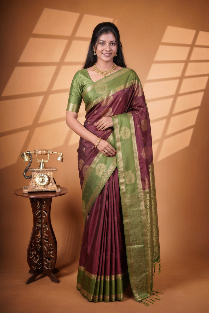 Soft Silk Saree | Maroon with Olive Green Gold Zari Border & Peacock Motifs | Wedding & Festive Wear