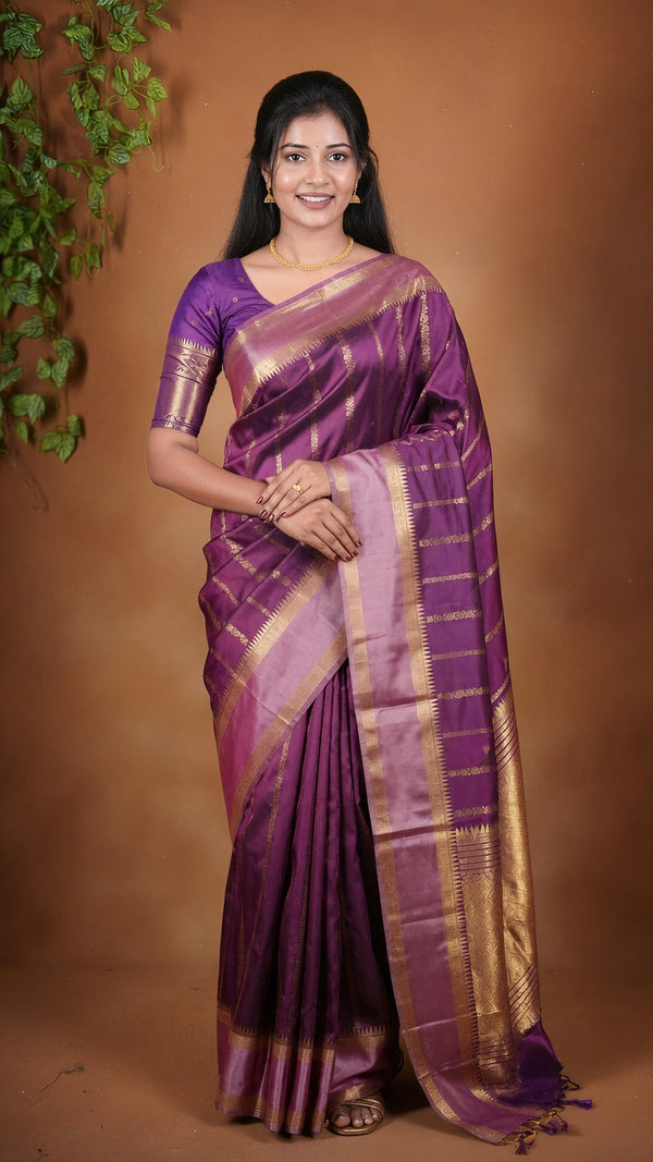 Deep Plum Soft Silk Saree | Gold Checked Zari Design | Festive & Occasion Wear