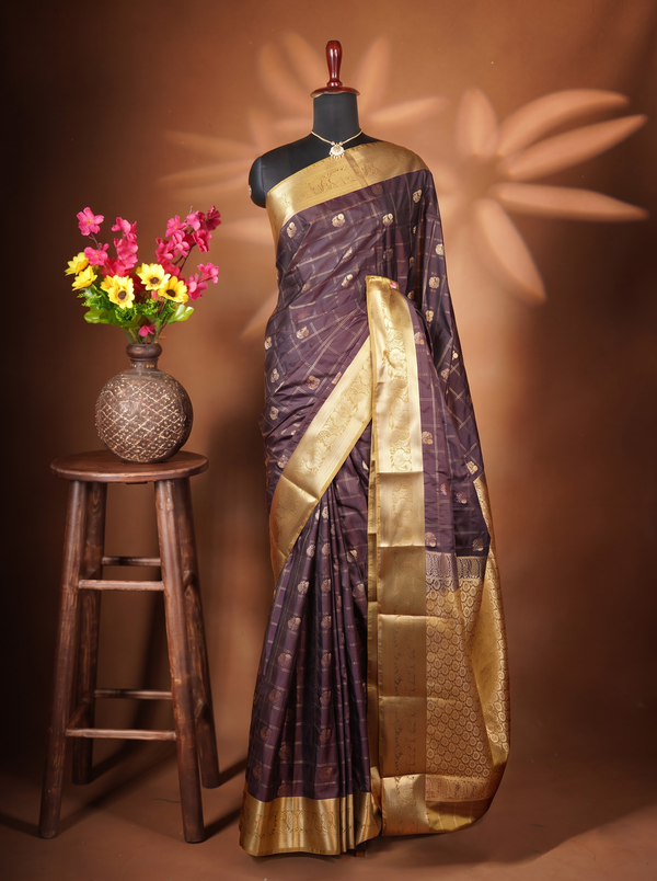 Dark Brown Soft Silk Saree | Gold Zari Check Weave with Floral Butti | Wedding & Festive Wear