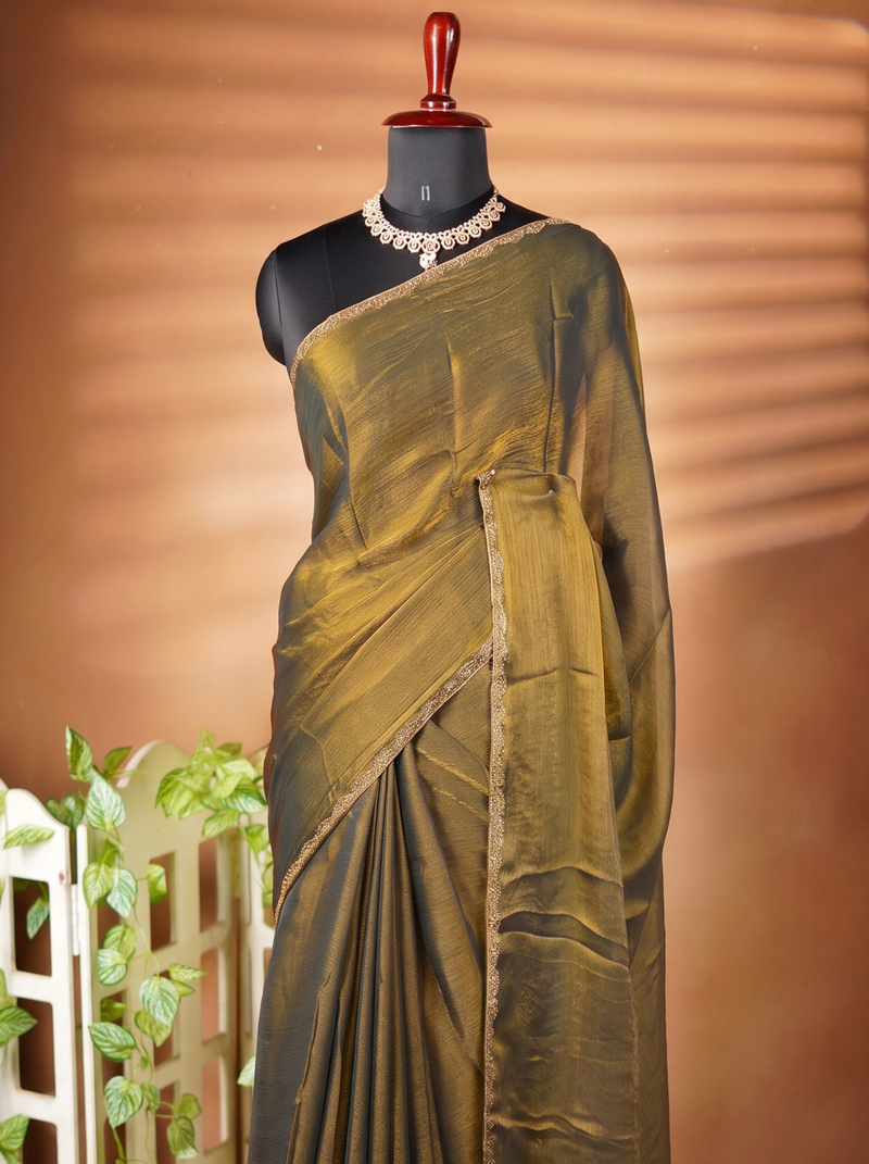 Olive Bronze Space Silk Saree | Shimmer Finish with Gold Beaded Border | Party & Festive Wear
