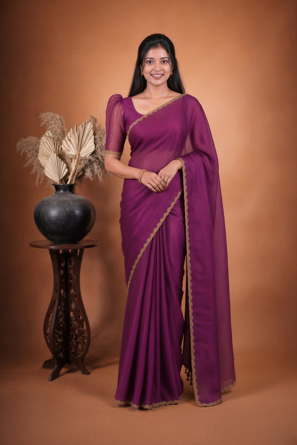 Plain Magenta Space Silk Saree | Golden Scalloped Border | Festive & Wedding Guest Wear