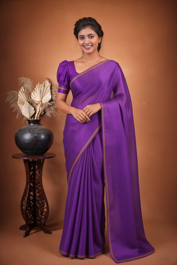 Deep Violet Space Silk Saree | Plain Silk with Gold Beaded Lace Border | Office & Festive Wea