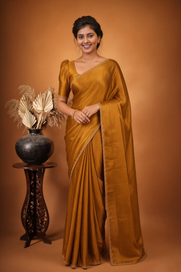 Plain Golden Space Silk Saree | Gold Beaded Scalloped Trim | Festive & Wedding Guest Wear
