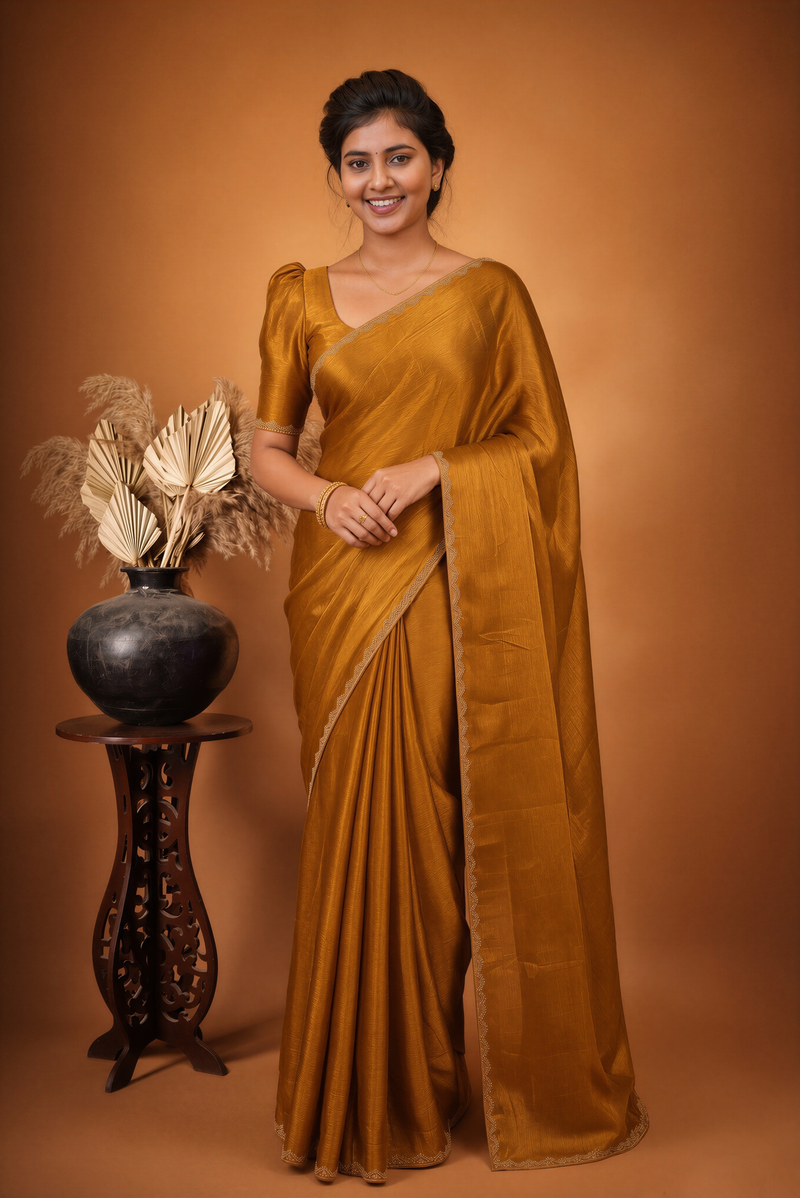 Plain Golden Space Silk Saree | Gold Beaded Scalloped Trim | Festive & Wedding Guest Wear
