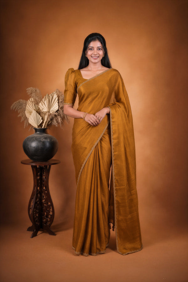 Plain Golden Space Silk Saree | Gold Beaded Scalloped Trim | Festive & Wedding Guest Wear
