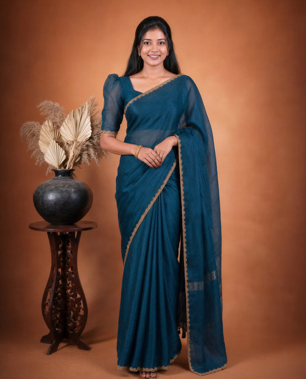 Plain Navy Space Silk Saree | Golden Scalloped Border | Festive & Wedding Guest Wear