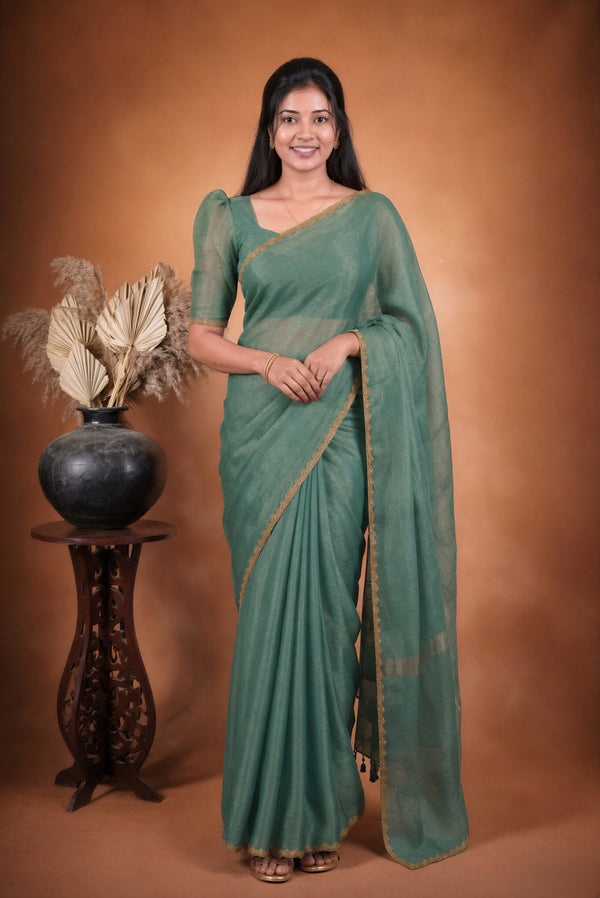 Space Silk Saree | Green with Shimmer Finish and Gold Scalloped Edge | Simple Elegant Wear
