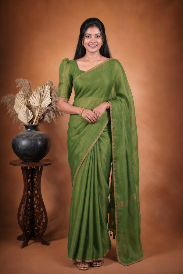 Plain Olive Green Space Silk Saree | Golden Lace Trim | Casual & Festive Wear