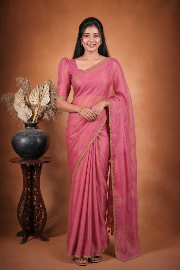 Pink Space Silk Saree | Plain Silk with Gold Beaded Lace Border | Office & Festive Wear