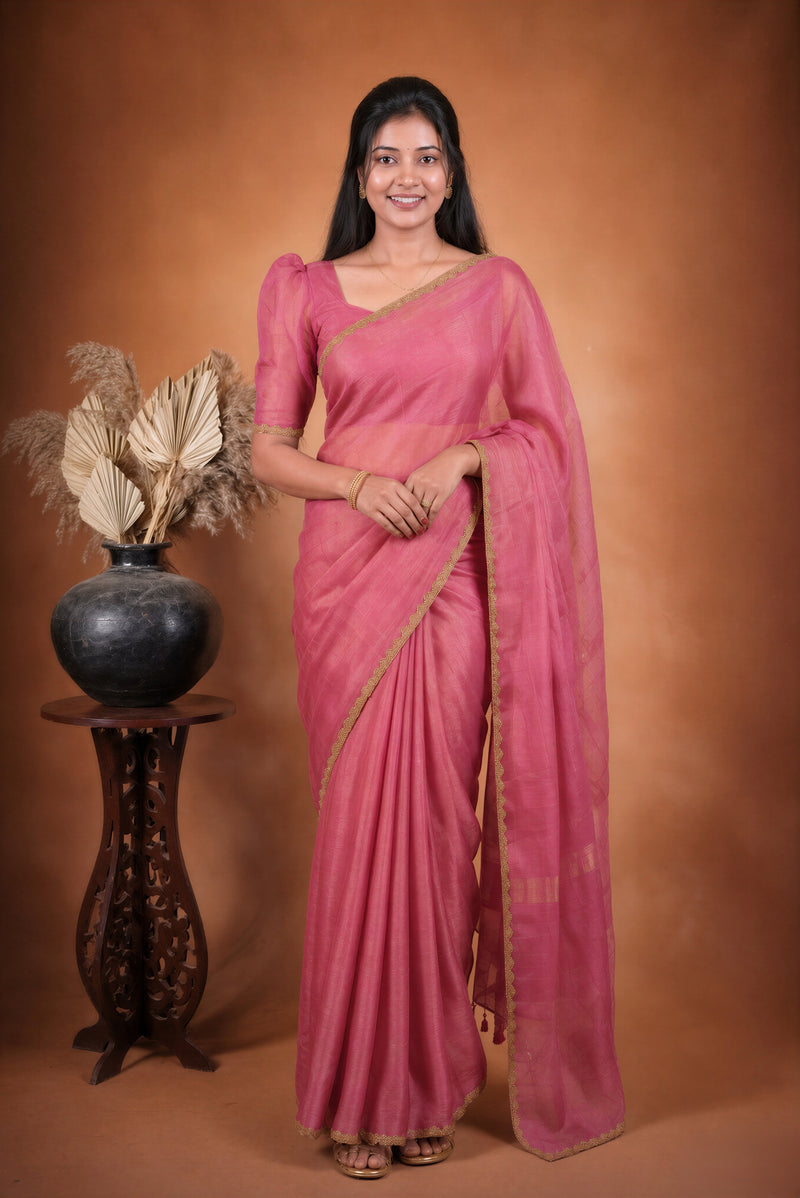 Pink Space Silk Saree | Plain Silk with Gold Beaded Lace Border | Office & Festive Wear
