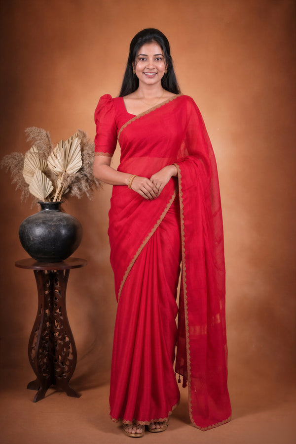 Space Silk Saree | Crimson Red Solid with Scalloped Gold Trim | Elegant Party Wear