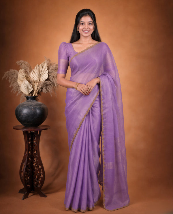 Lavender Purple Space Silk Saree | Plain Silk with Gold Beaded Lace Border | Office & Festive Wear