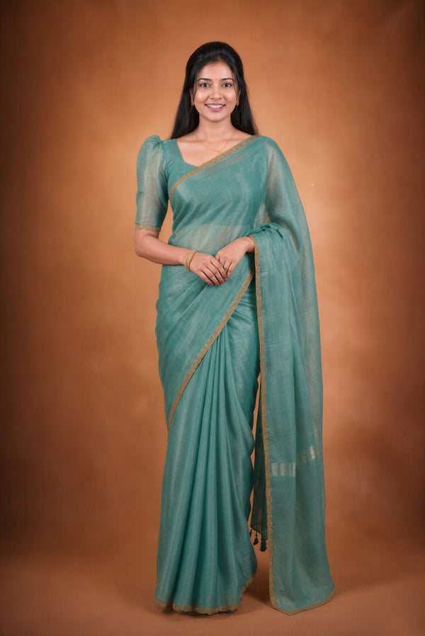 Space Silk Saree | Aqua Blue Solid with Scalloped Gold Trim | Elegant Party Wear