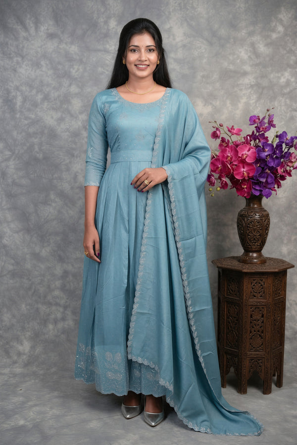 Steel Blue Chiffon Maxi Set | Stone Border 3/4 Sleeve | Festive & Party Occasion Wear