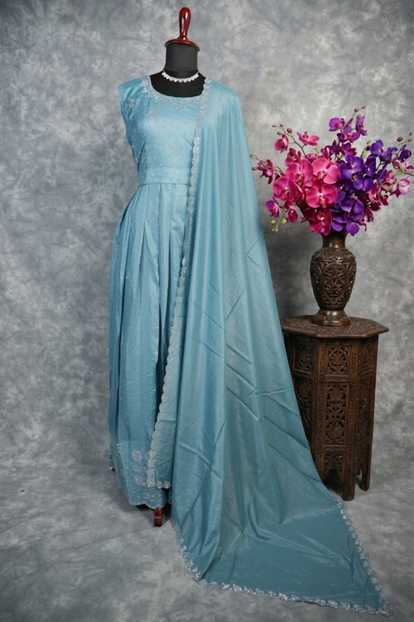 Steel Blue Chiffon Maxi Set – A flowy chiffon ensemble in a serene steel blue shade, designed with a graceful silhouette that moves effortlessly. Lightweight and refined, it delivers a soft, elegant look with a touch of modern charm.