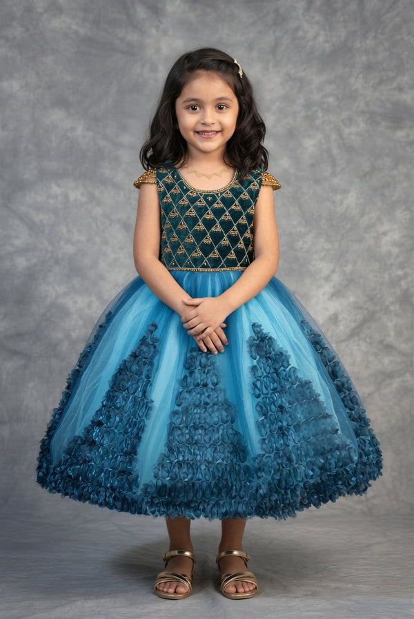 Teal Peacock Baby Girl Frock 1–3 Years | Velvet Gold Embroidery Rosette Skirt | Birthday Wear
