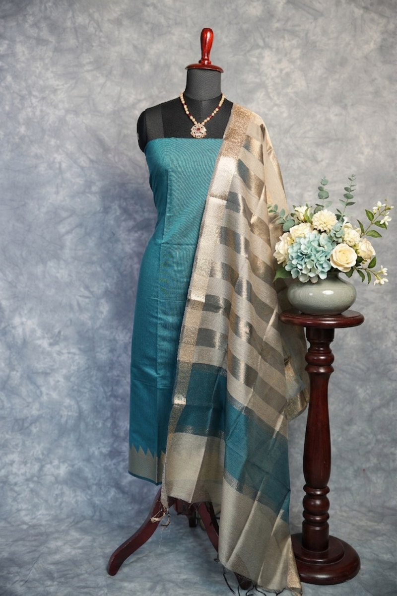 Teal Gold Chudi Material Set | Silk Fabric Gold Zari Border | Festive & Occasion Wear