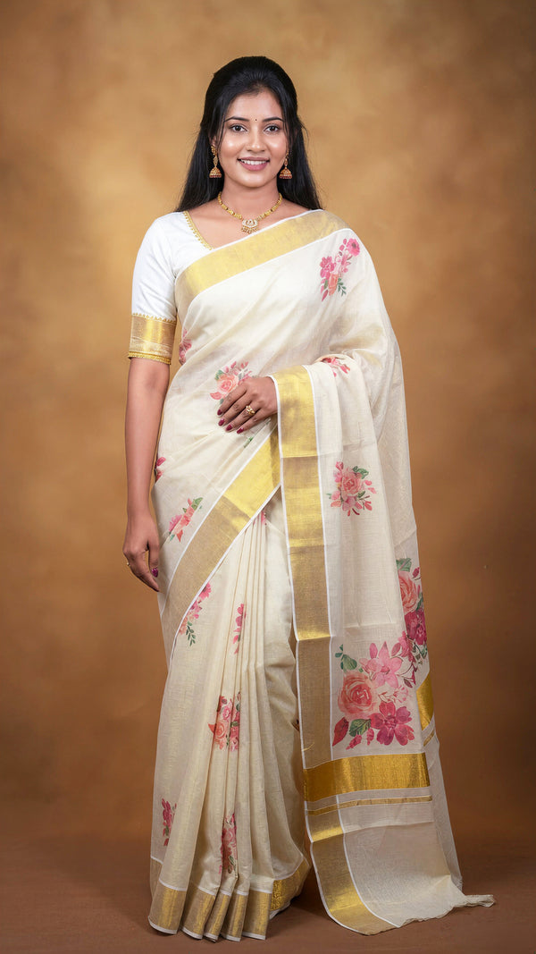 Half White Tissue Cotton Saree | Floral Rose Print with Gold Zari Border | Kerala Style Wedding & Festive Wear