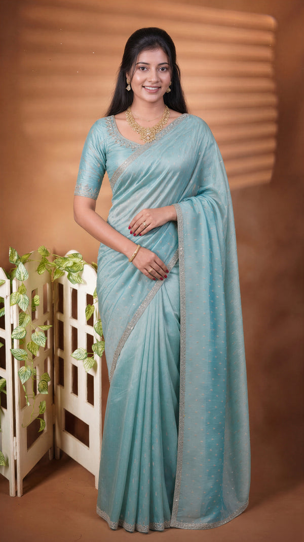 Organza Tissue Saree | Ice Blue Ombre with Silver Sequin Work | Party & Festive Wear