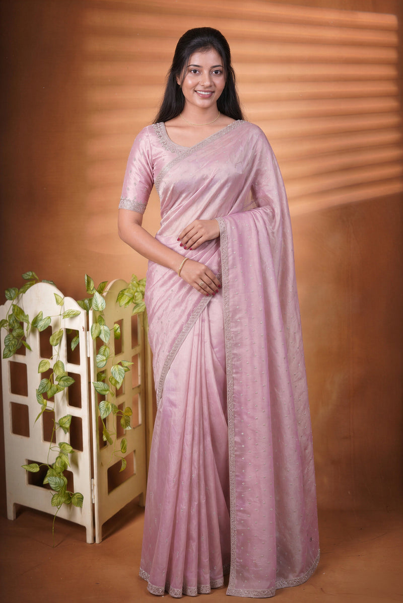 Organza Tissue Saree | Baby Pink Lavender Ombre with Silver Sequin Work | Party & Festive Wear