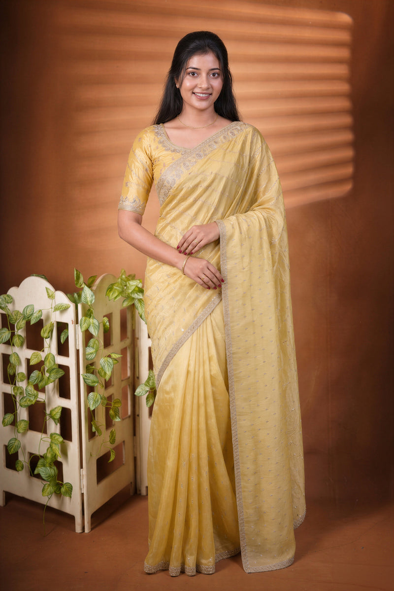 Organza Tissue Saree | Lemon Yellow with Silver Sequin Work | Party & Festive Wear