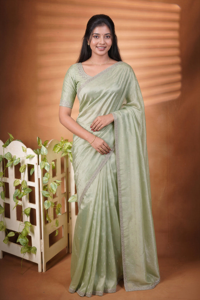 Organza Tissue Saree | Mint Green with Silver Sequin Work | Party & Festive Wear