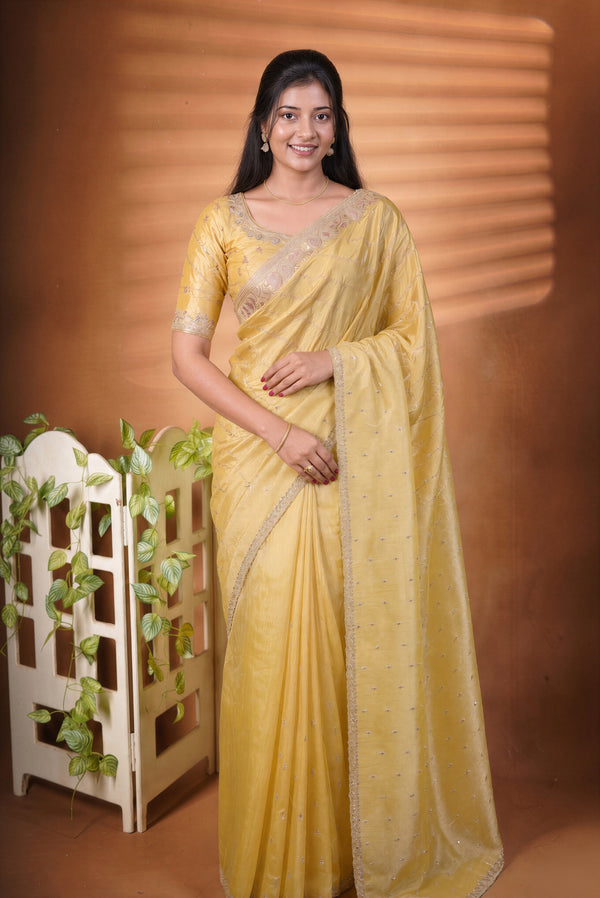 Organza Tissue Saree | Golden Yellow with Sequin Stone Work & Scalloped Border | Party & Festive Wear
