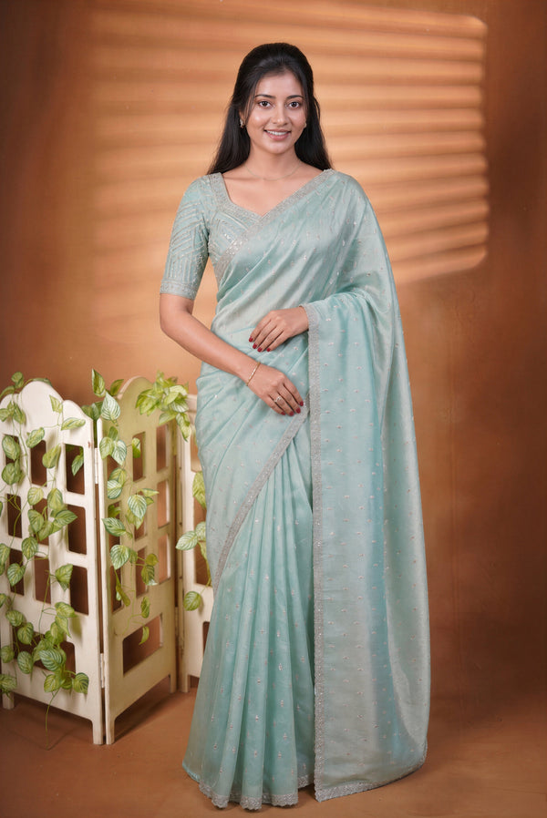 Aqua Blue Organza Saree | Shimmer Motifs with Scalloped Bead Border | Cocktail & Engagement Wear