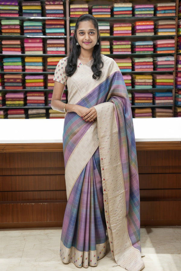 Pastel Check Tussar Saree | Cream Border with Multicolor Motifs | Contemporary Ethnic Wear