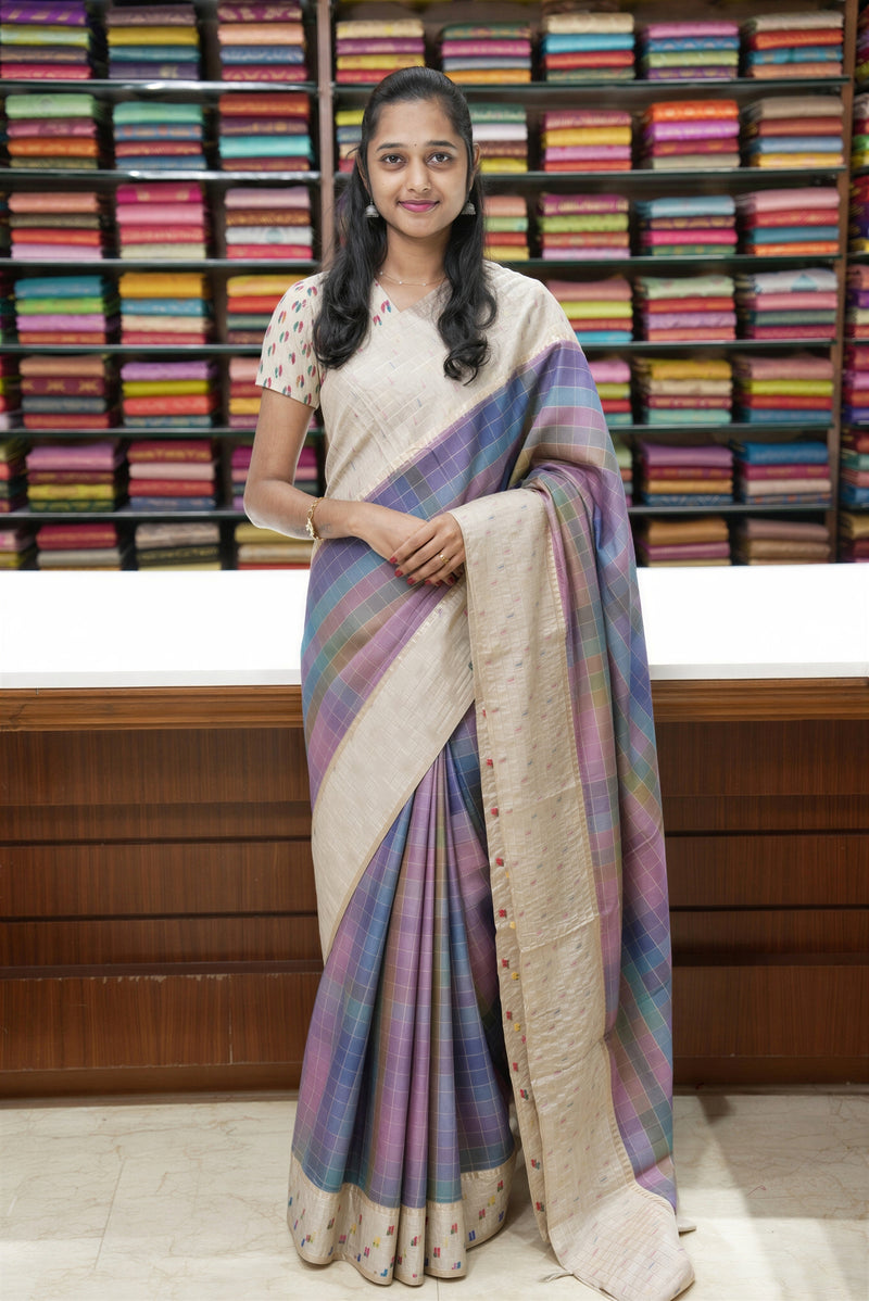 Pastel Check Tussar Saree | Cream Border with Multicolor Motifs | Contemporary Ethnic Wear