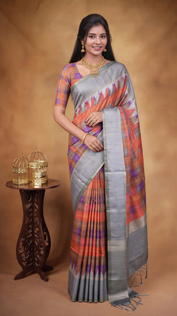 Tussar Silk Saree | Grey with Multicolor Ikat Checkered Print | Festive & Casual Wear