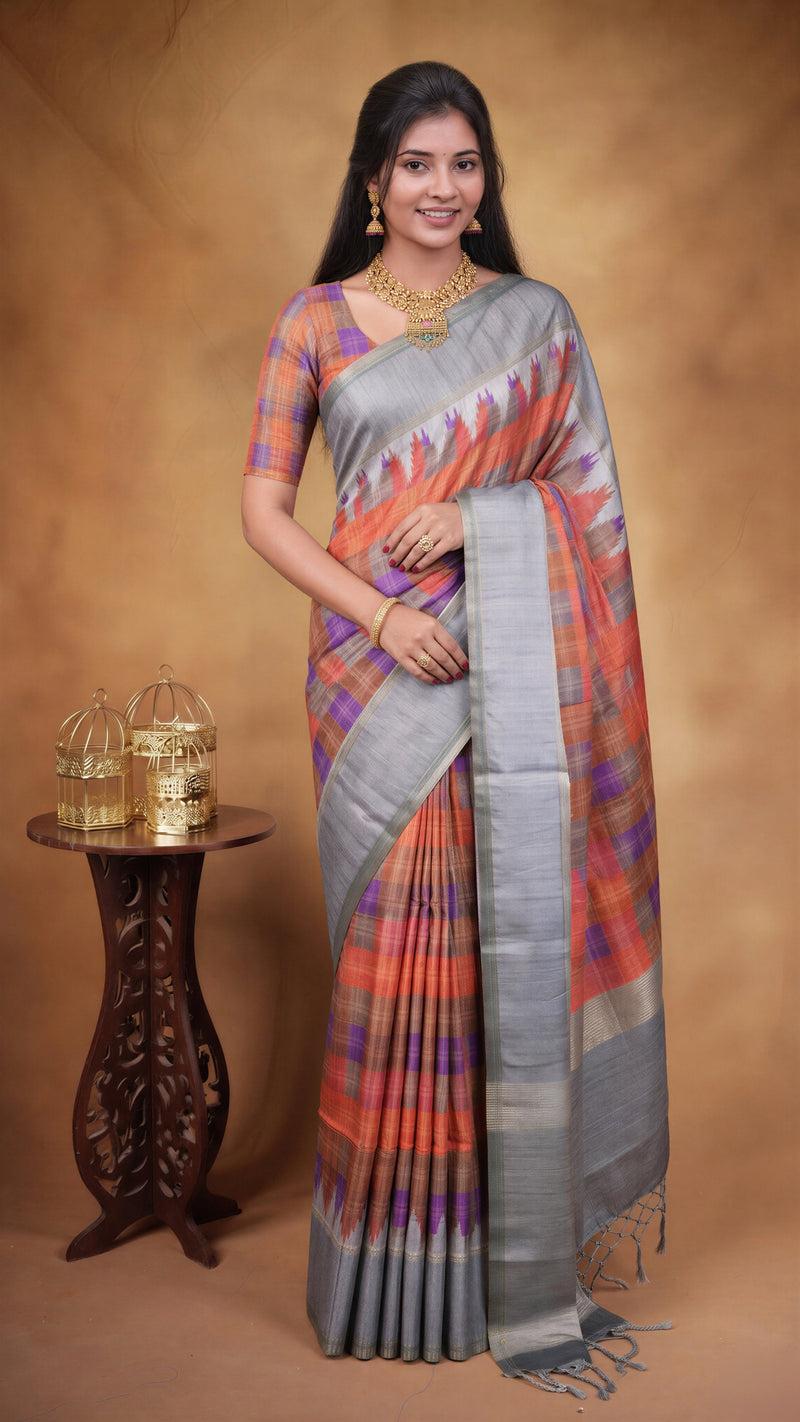 Tussar Silk Saree | Grey with Multicolor Ikat Checkered Print | Festive & Casual Wear