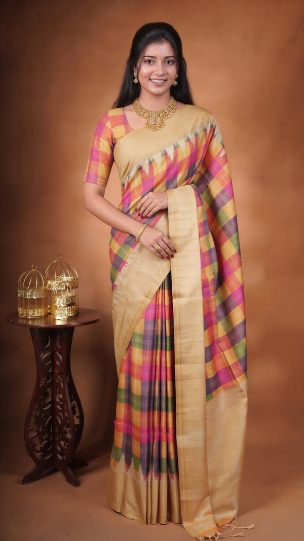 Tussar Silk Saree | Beige with Multicolor Ikat Checkered Print | Festive & Casual Wear
