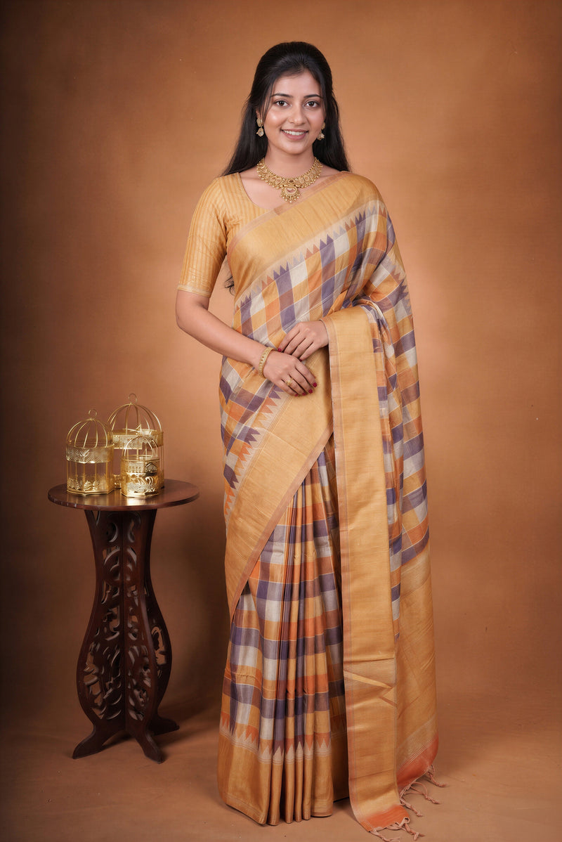 Tussar Silk Saree | Mustard Gold with Multicolor Ikat Checkered Print | Festive & Casual Wear