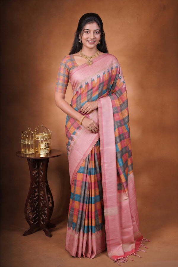 Tussar Silk Saree | Baby Pink with Multicolor Ikat Checkered Print | Festive & Casual Wear